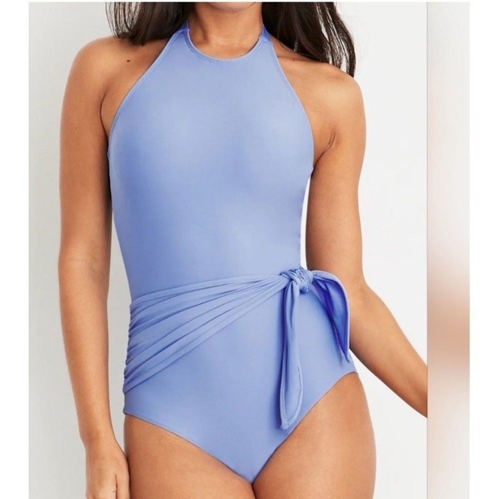NWT HERMOZA Genevieve Prairie Blue High Neck One Piece Bathing Suit 8 Slimming
